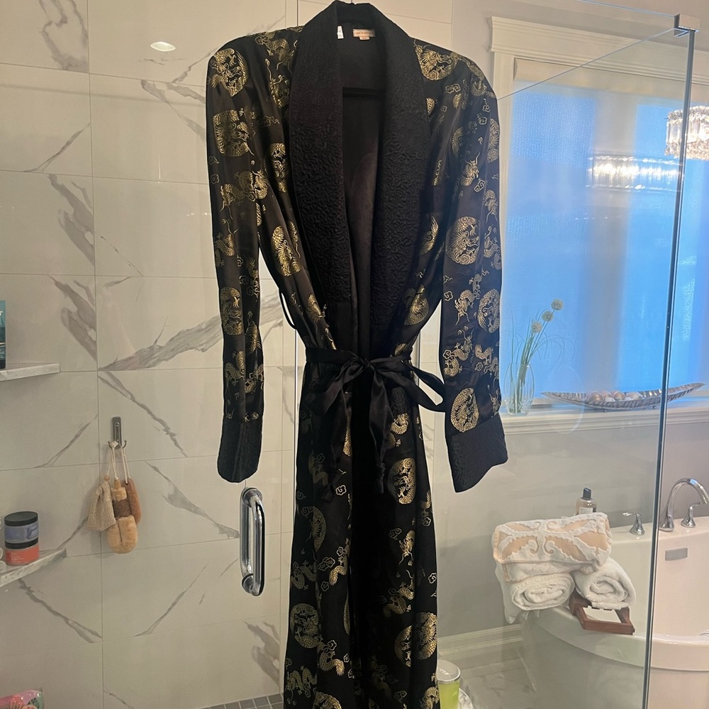 Luxurious Black Satin Robe with Gold Moon Print - Women
